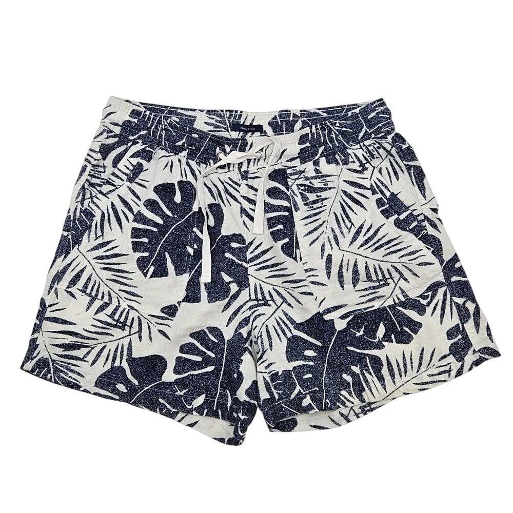 Nautica Womens Linen Blend Tropical Palm Leaf Shorts Navy White Size M‎ 1504504